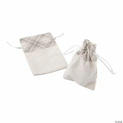 Flash Sale ⌛ Mini Neutral Plaid Canvas Drawstring Treat Bags - 12 Pc. 🔔